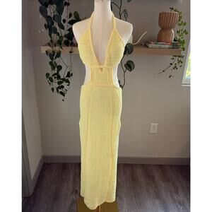 Yellow Crochet Knit Halter Maxi Dress Swim Cutout Open Back, Boho Beachwear, S/M